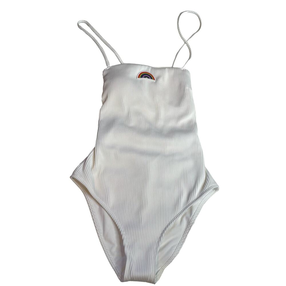 Hollister‎ White Ribbed Rainbow Patch Lace Up Back One Piece Swimsuit Womens S